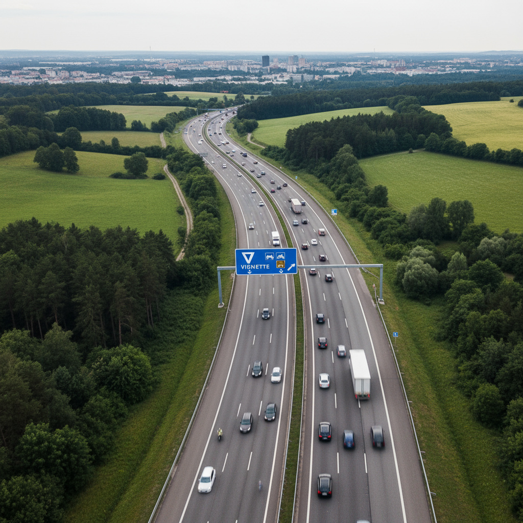 Austrian highway near Wien mit Vignettenhinweis